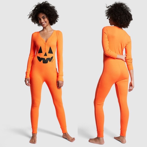 Victoria's Secret PINK Thermal Sleep Onesie Orange Jack-o-Lantern XXL NEW - Picture 1 of 3